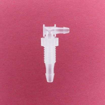 1332205 (Reduction Barbed Bulkhead Elbows - Thread: 1/4-28 UNF  Barb1: 1/8"  Barb2: 3/32"  Material: Polypropylene)